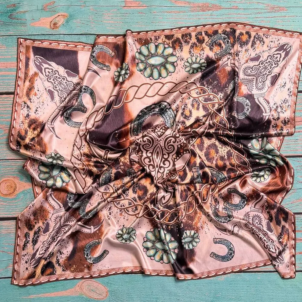Longhorn & Leopard Wild Rag Scarf | Khaki & Turquoise | 36x36